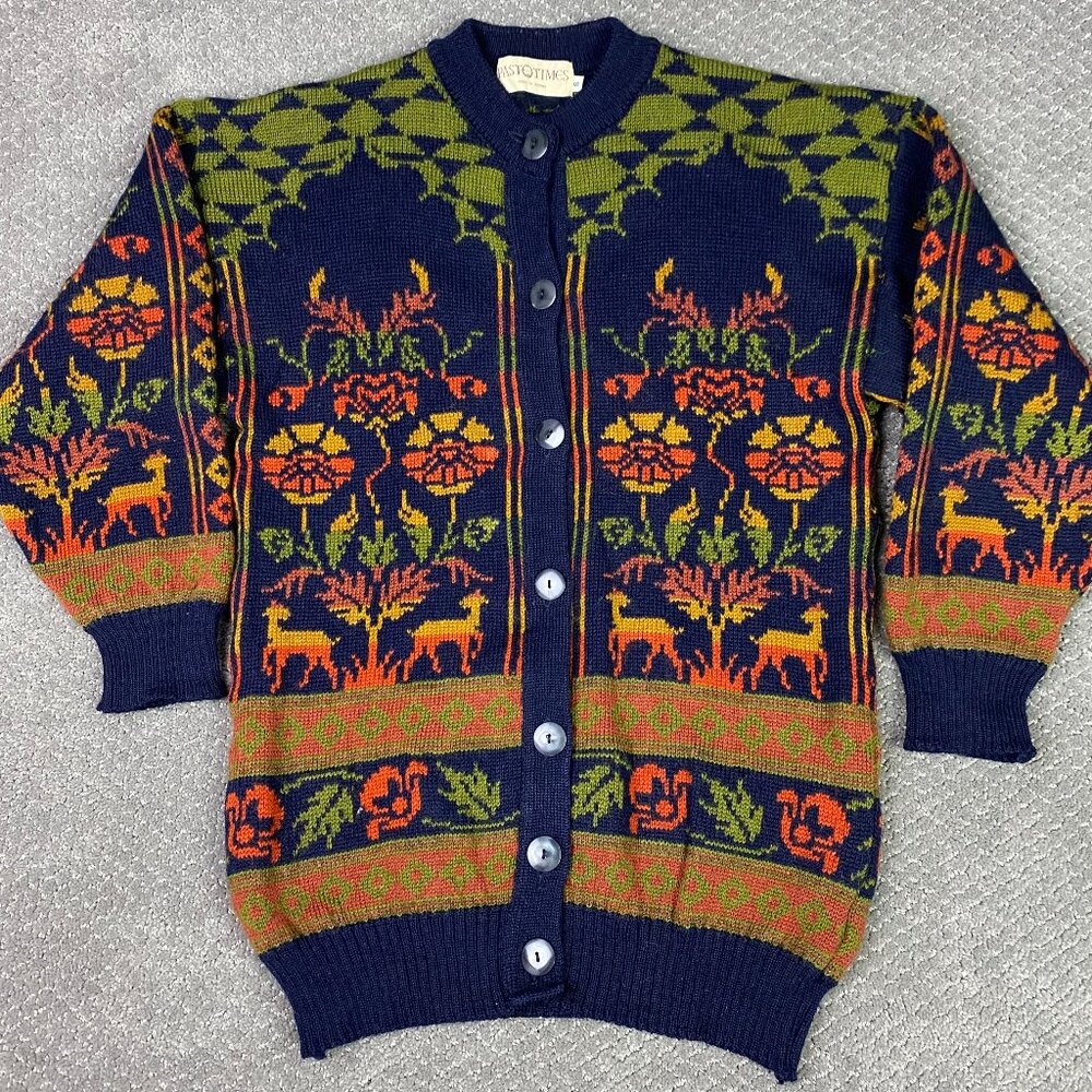 Vintage Past Times Cardigan Sweater Women's Small Floral Knit Wool Made in UK
